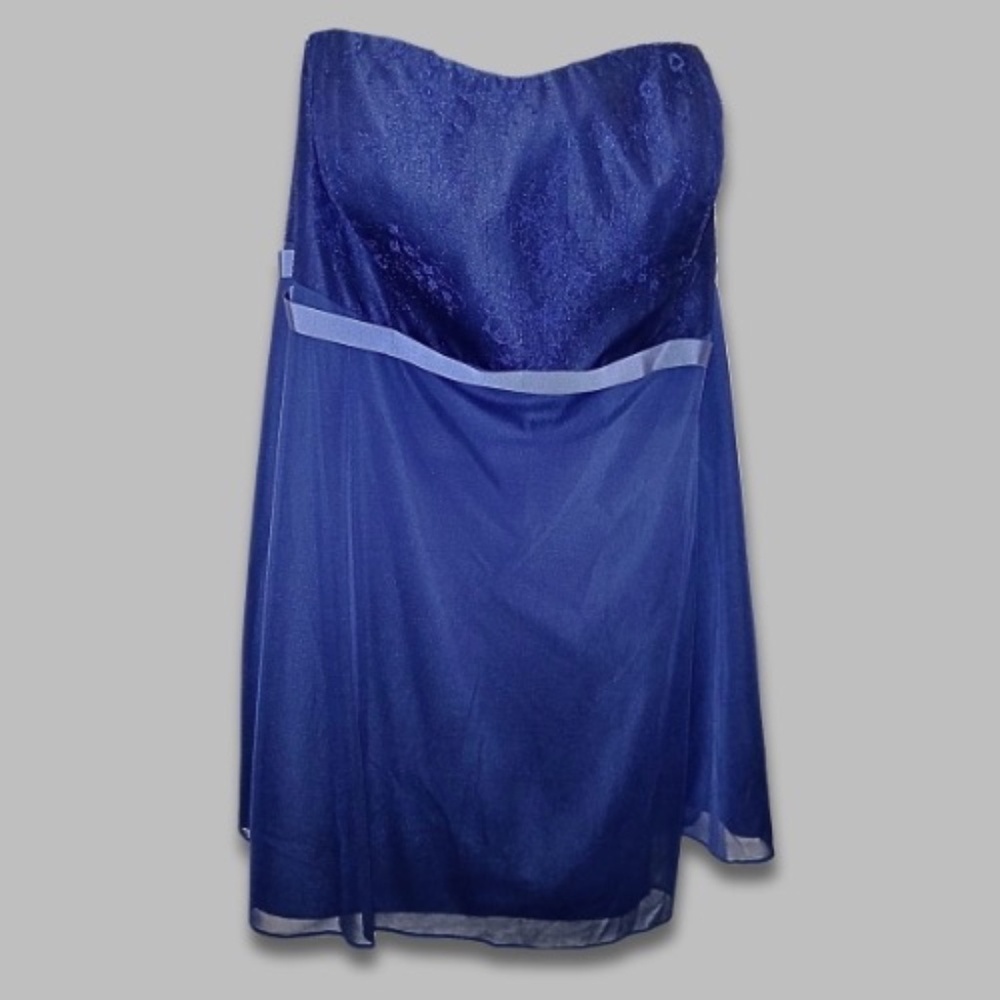 David’s Bridal Mini Dress Strapless Empire Waist Lace Satin Marine Blue W 26 NWT